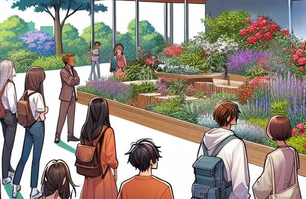 A group of people gathered outdoors near a flower bed, participating in a garden tour, with trees an